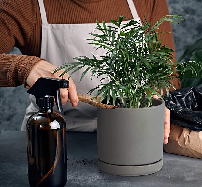 D'vine Dev 8 Inch Ceramic Planter Pot with Drainage Hole and Saucer, Indoor Cylinder Round Planter Pot, Grey, 94-O-D-3