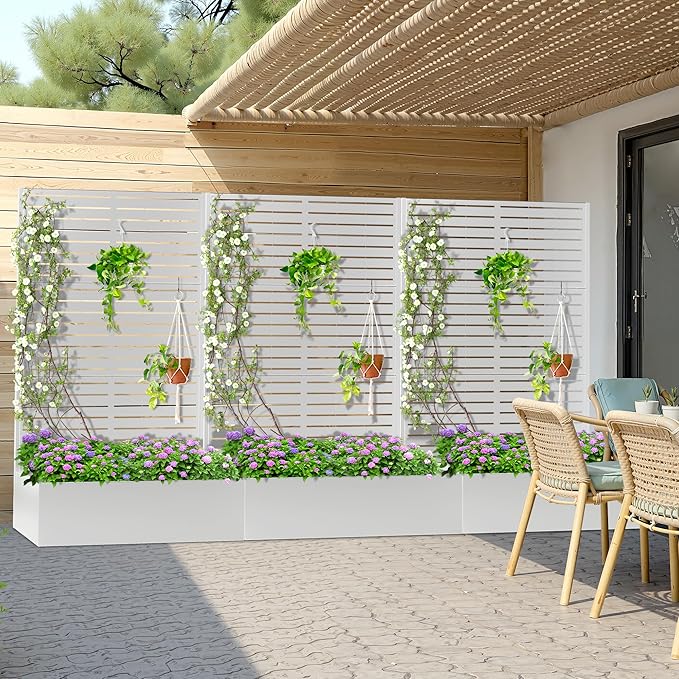 Metal Planter Box with Trellis, Heavy-Duty Raised Garden Bed for Climbing Plants, Drainage Hole, Outdoor Planter Box with Privacy Screen,47''L×16''W×71''H