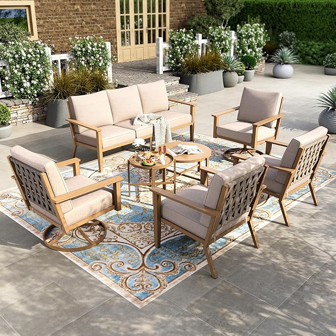 HERA'S HOUSE Patio Furniture Set 7-Piece, Metal Outdoor Conversation Set with Wood Grain Finish, 2 x Leg Chair, 2 x Swivel Chair, 1 x 3-Seat Sofa, 2 x Multi-Functional Coffee Table Garden Deck Lawn