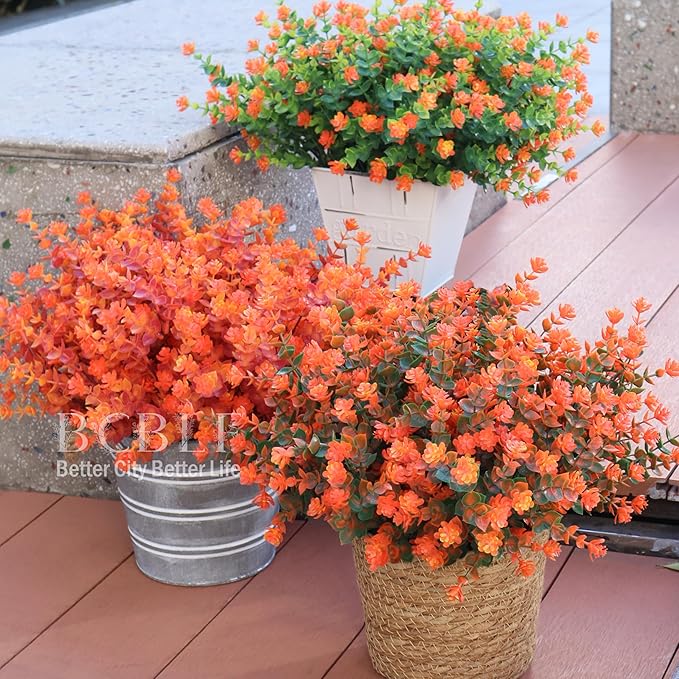 Artificial Flowers for Outdoors, 12 Bundles UV Resistant Realistic Faux Plants for Outside Porch Planter, Spring Summer Home Garden Decoration, Red Orange