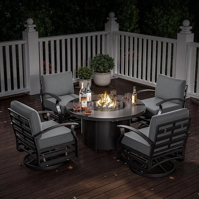 Kurapika 5 Piece Modern Metal Outdoor Conversation Sets, Patio Furniture Set, 4 Aluminum Swivel Chairs w/48in Round Propane Fire Pit Table and Thickened Cushions, Grey