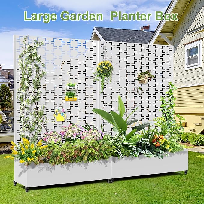 Raised Garden Bed with Trellis and Wheels,73"x47"x16" Metal Raised Garden Bed,White Squared Metal Planter with Climbing Trellis for Vines & Vegetables