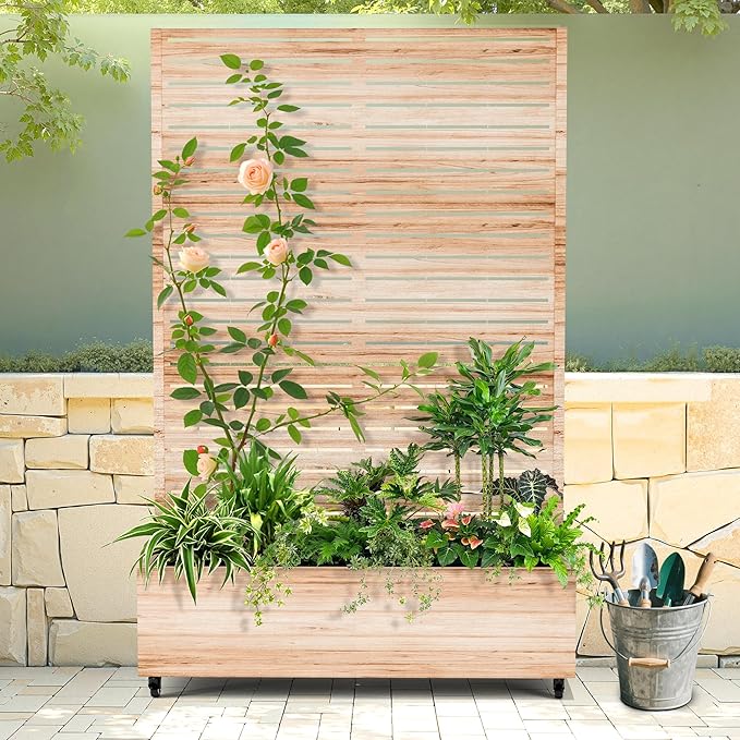 Raised Garden Bed with Trellis and Wheels,73"x47"x16" Metal Raised Garden Bed,Acacia Finish Metal Planter with Climbing Trellis for Vines & Vegetables