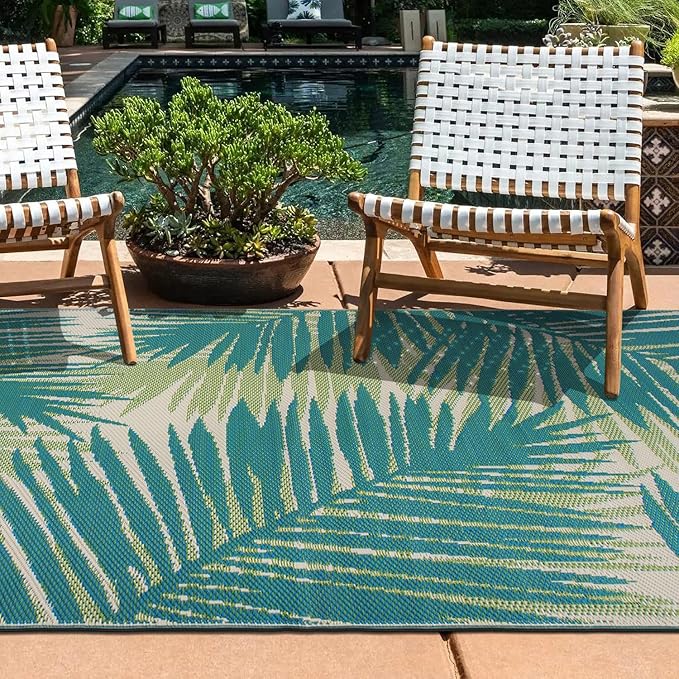 Rugshop Tropical Floral Reversible Crease-Free Waterproof Premium Recycled Plastic Outdoor Rugs for Patio,Backyard,RV,Deck,Picnic,Trailer,Beach,Camping Green 5' x 7'