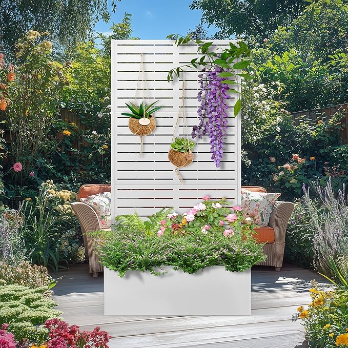 71"x35"x16" Metal Planter Box with Trellis Raised Garden Bed with Trellis, Planter Box & Privacy Screen for Climbing Plants, Vegetable, Vines(White, Louvered)