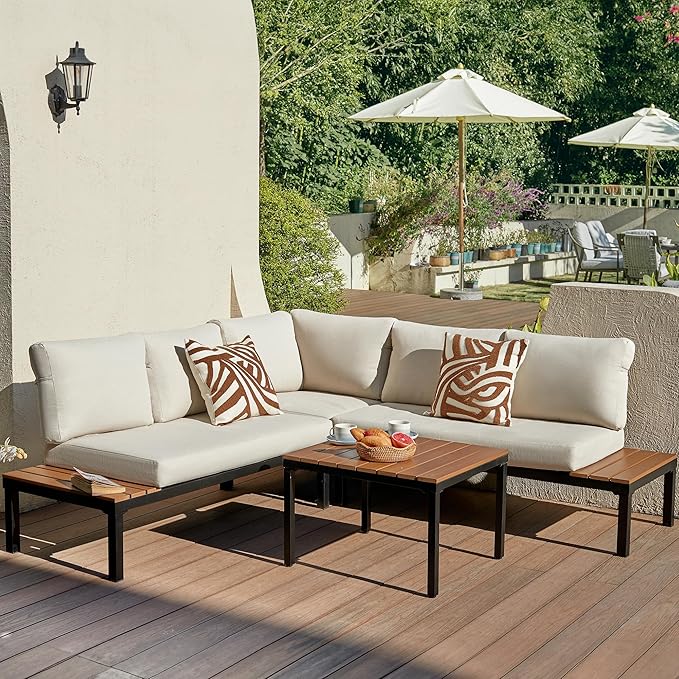 NATURAL EXPRESSIONS Patio Furniture Sets, Metal Outdoor Sectional L Shape Corner Sofa Outdoor Couch with Detachable Backrest,3 Fauxwood Tables,Black Frame,Beige Olefin Cushions for Yard,Garden