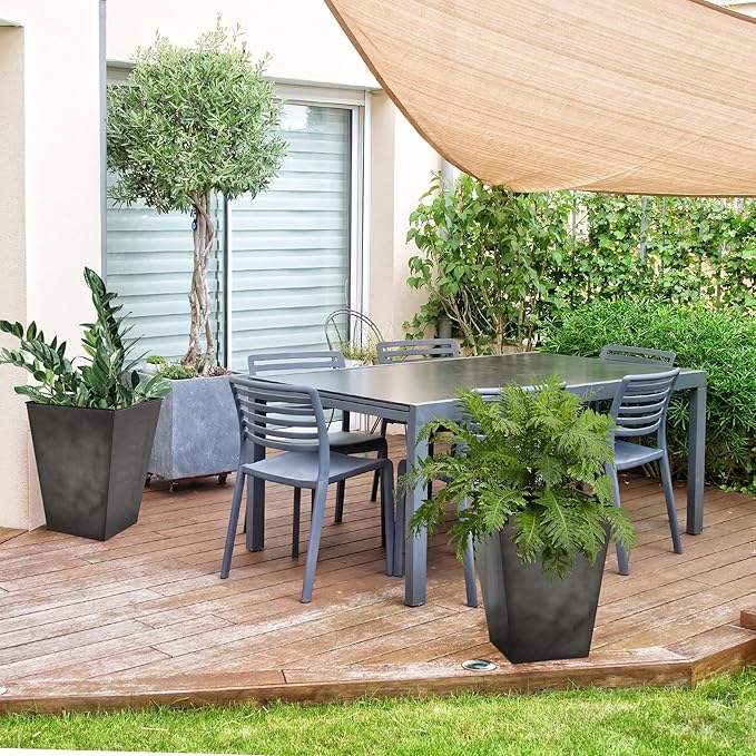 KOL 18''H. Bright Glazed Planter with Drainage Hole, Set of 2, Galvanized Steel Planter Pots for Indoor & Outdoor Use, Decorative Flower Plant Pots for Front Porch, Patio, Deck - Black