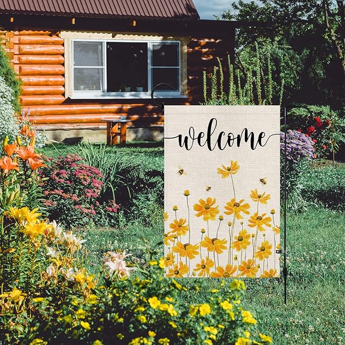 Spring Summer Floral Welcome Garden Flag with LED Lights, 12 x 18 Inch Double Sided Vertical Burlap Sunflower Bee Lighted Garden Flag for Seasonal Holiday Outdoor Yard Decoration
