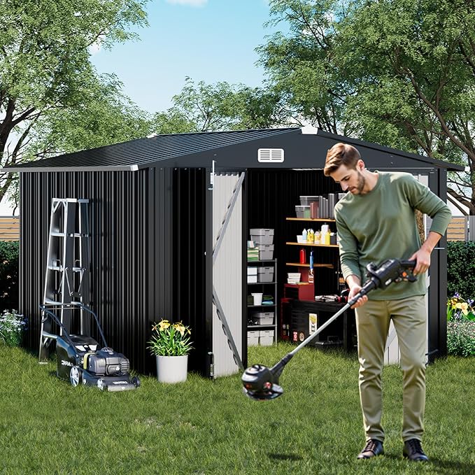 COMHOMA Shed Outdoor Storage Shed Metal,Lockable Doors Tool Sheds with Sloping Roof,Steel Garden Shed with Air Vent for Backyard,Patio,Lawn,Poolside (Grey, 10'*10')