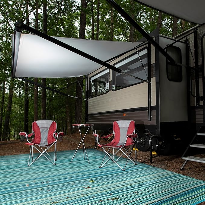 Rugshop Contemporary Stripe Reversible Foldable Waterproof Premium Recycled Plastic Outdoor Rugs for Patio,Backyard,RV,Deck,Picnic,Trailer,Beach,Camping 9' X 18' Blue