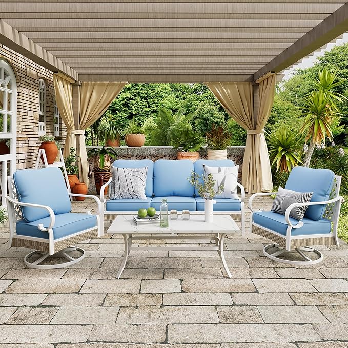 4 Piece Patio Furniture Set, 2 x Swivel Chair, 1 x 3-Seat Sofa with Marbling Coffee Table, All Cushioned 5 Seats Outdoor Conversation Set for Lawn Garden Backyard, Blue