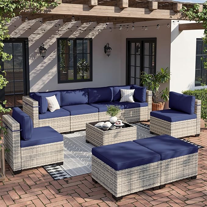 9-Piece Patio Furniture Set, Outdoor Sectional with Ottomans, Modular Patio Sofa, Dual-Strand Wicker Rattan, Rust-Resistant Frame, Backyard Furniture for Garden, Deck, Navy Blue