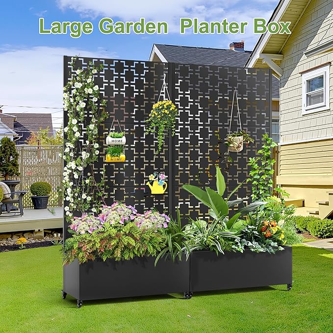 Raised Garden Bed with Trellis and Wheels,73"x35"x16" Metal Raised Garden Bed,Black Squared Metal Planter with Climbing Trellis for Vines & Vegetables