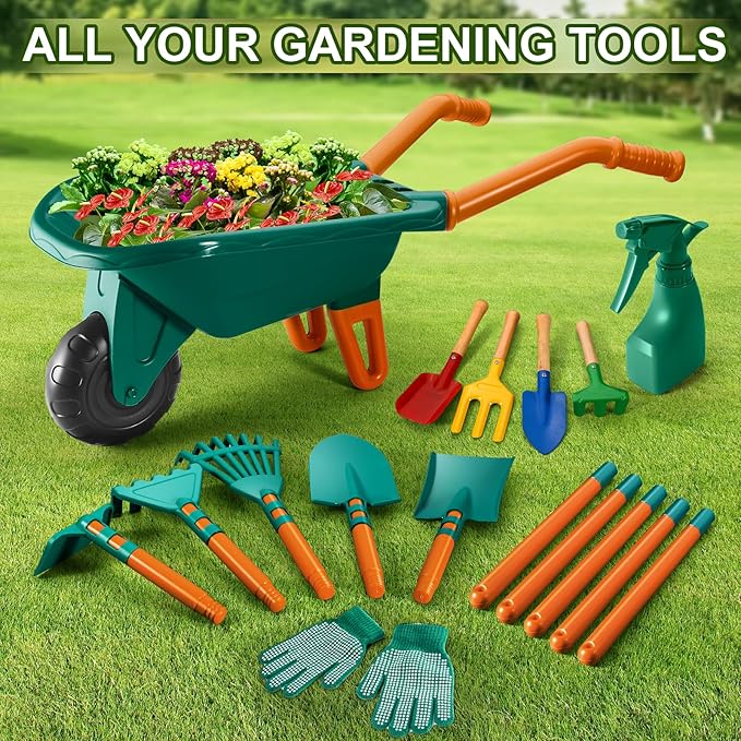 Kids Gardening Set-12 PCS Kids Gardening Tools Wheelbarrow Set with Shovel, Leaf Rake, Gloves, Spray Bottle-Toddler Gardening Set Play Outdoor Educational STEM Learning for Boys Girls Age 3 4 5 6 7 8+