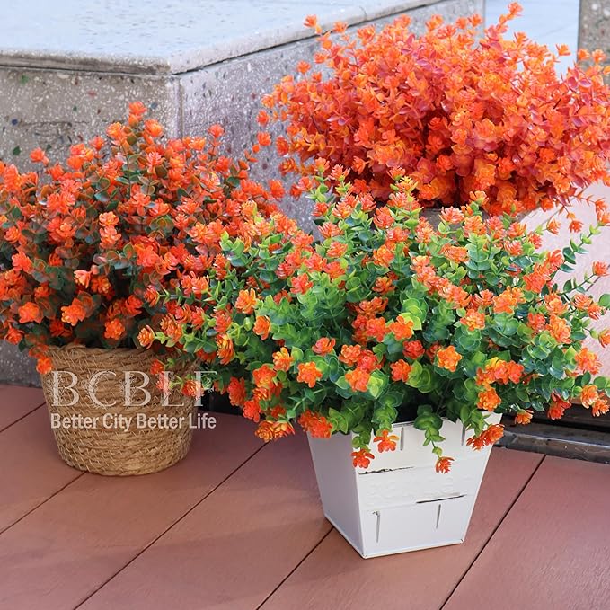 Artificial Flowers for Outdoors, 12 Bundles UV Resistant Realistic Faux Plants for Outside Porch Planter, Spring Summer Home Garden Decoration, Green Orange