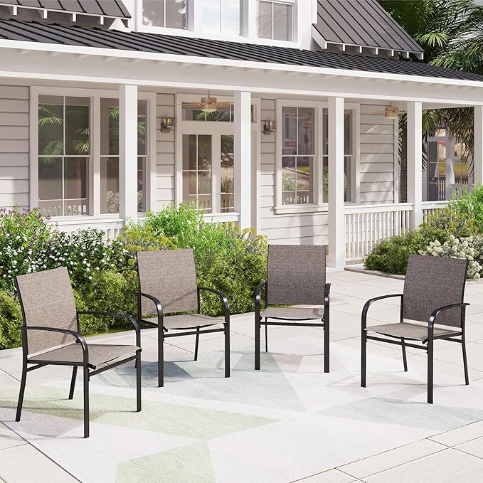 4 Pieces Outdoor Textilene Dining Chairs,Patio Dining Chairs Set, Fixed Patio Chairs with Armres, Brown