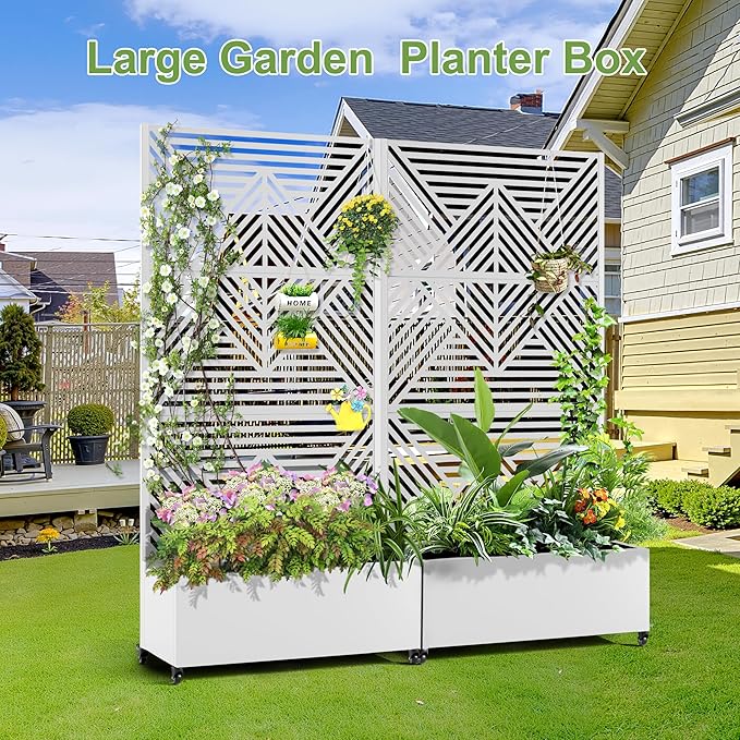 Raised Garden Bed with Trellis and Wheels,73"x35"x16" Metal Raised Garden Bed,White Diamond Metal Planter with Climbing Trellis for Vines & Vegetables