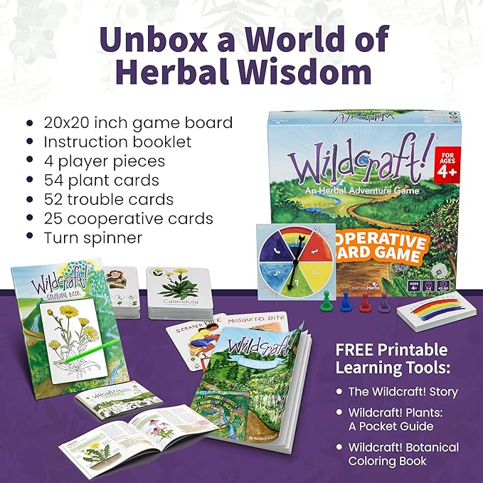 Wildcraft! an Herbal Adventure Cooperative Board Game - Learn 25 Herbs with No Reading Required - Educational Game for Kids 4+ & Families - Includes 3 Printable PDFs, Coloring Book & Plant Guide