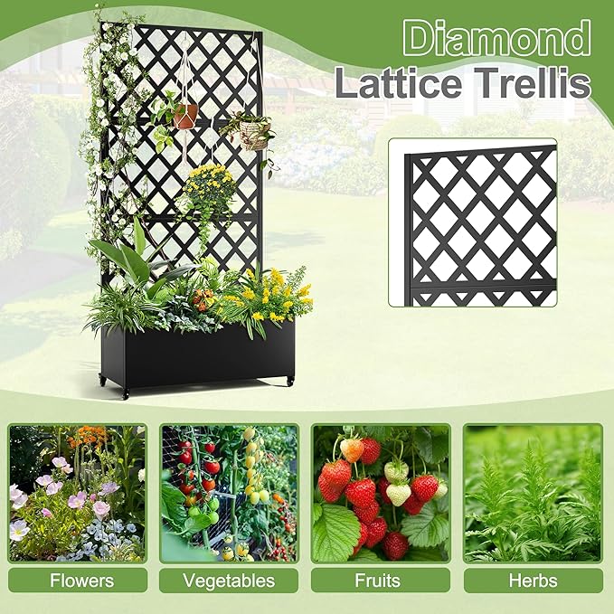Metal Planter Trellis Box with Wheels & Drain Plug Outdoor Raised Garden Bed Patio Privacy Screen with Planter for Climbing Plants, Vegetables 73"x35"x16" Black-Diamond