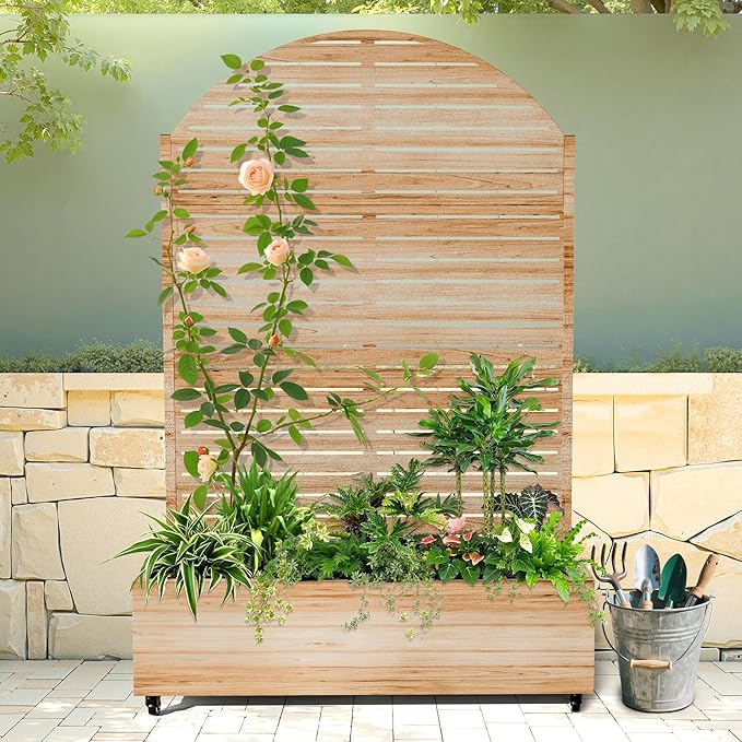 Raised Garden Bed with Arched Trellis and Wheels,73"x47"x16" Metal Raised Garden Bed,Acacia Finish Metal Planter with Climbing Trellis for Vines & Vegetables