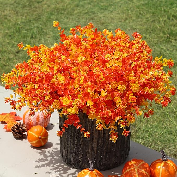 Ivydale Artificial Flowers for Outdoor Spring Decoration, 12 Bundles Eucalyptus Fake Plants UV Resistant, Faux Flowers Plastic Greenery Bushes Shrubs for Home Porch Outside Decor (Fall)