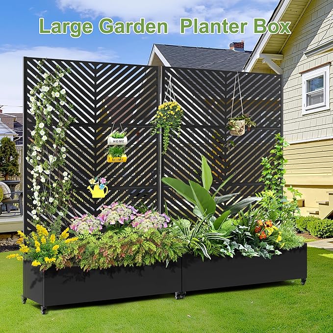 Raised Garden Bed with Trellis and Wheels,73"x47"x16" Metal Raised Garden Bed,Black Parallel Metal Planter with Climbing Trellis for Vines & Vegetables