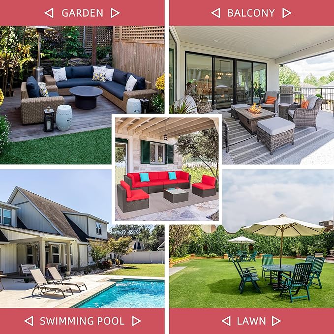 Shintenchi 7 Pieces Patio Furniture Sets Outdoor All-Weather Sectional Patio Sofa Set PE Rattan Manual Weaving Wicker Patio Conversation Set with Glass Table&Ottoman Cushion and Red Pillows, Red