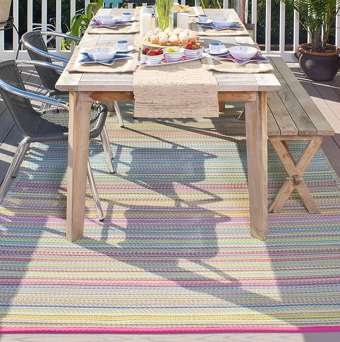 Fab Habitat Outdoor Rug - Waterproof, Fade Resistant, Crease-Free - Premium Recycled Plastic - Striped - Patio, Deck, Porch, Balcony, Laundry Room - Cancun - Candy - 4 x 6 ft