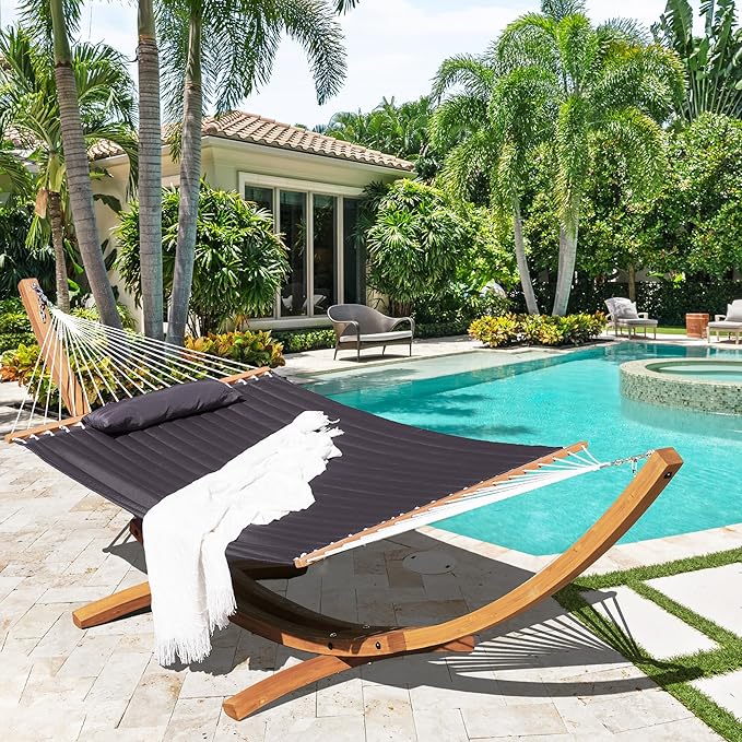 Lazy Daze Hammocks 12 FT Double Quilted Fabric Hammock and 13 FT Natural Wooden Arc Stand, with Spreader Bar, Removable Pillow, 2 Person Hammock for Outdoor Patio Outdoor, 450 lb Capacity, Dark Gray