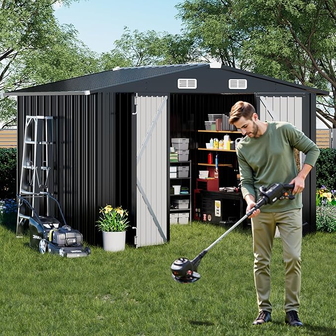 COMHOMA Shed Outdoor Storage Shed Metal,Lockable Doors Tool Sheds with Sloping Roof,Steel Garden Shed with Air Vent for Backyard,Patio,Lawn,Poolside (Grey, 10'*8')