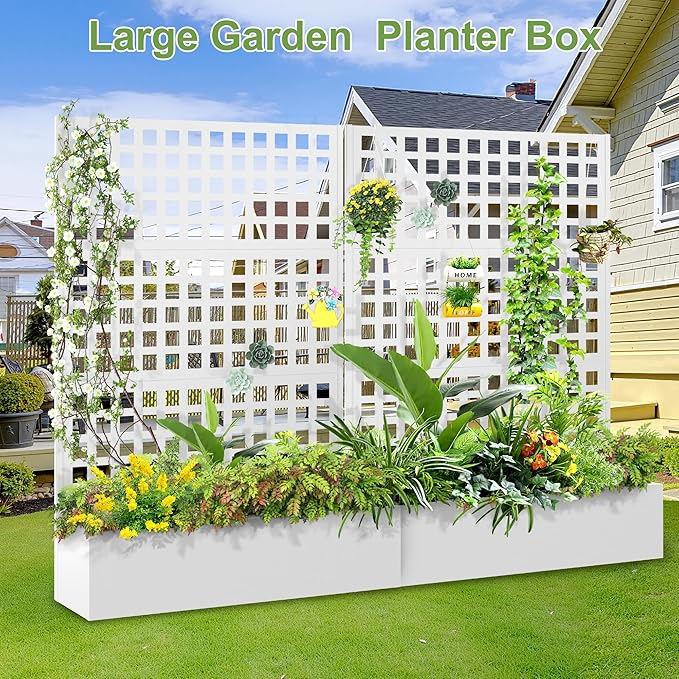 Metal Raised Garden Bed, Trellis Planters Bed with Drainage Holes for Climbing Plants, Vegetables Outdoor Privacy Screen with Planter Box 73"x47"x16", White