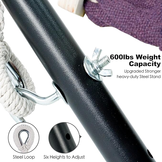 Double Hammock with Stand for Outside, Upgraded Spreader Bar, Heavy Duty Space Saving Steel Stand 2 Person, Side Pockets, Easy Assembly, 600lbs Weight Capacity (Tranquility Purple)