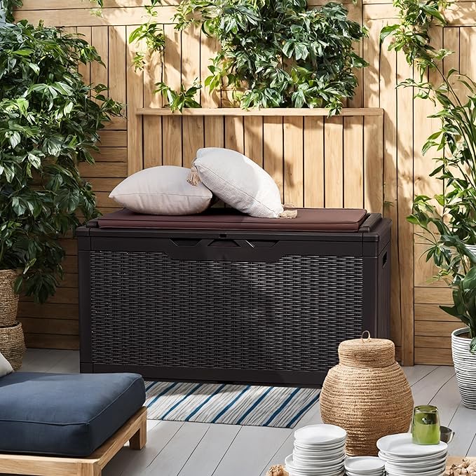 Flamaker Deck Box with Cushion 100 Gallon Waterproof Resin Storage Box with Air Rod Indoor Outdoor Lockable Storage Bench for Patio Furniture, Tools, Pool Accessories (Deep Brown)