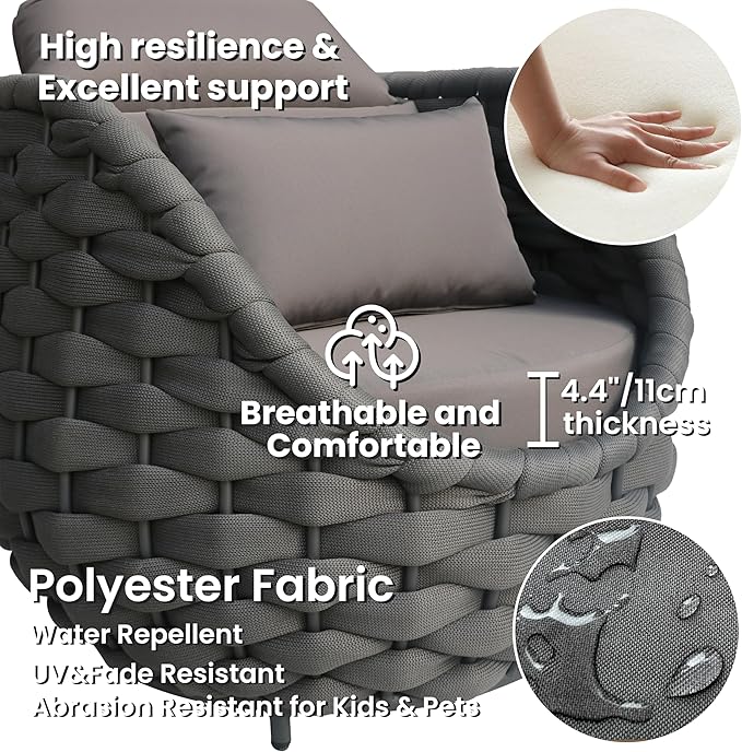 6 Pcs Patio Rope Accent Chair: Aluminum Single Lounge Armchair - Large Woven Chair Cushioned - Modern Arm Chair Assembled for 400lbs Outdoor Lanai Deck Balcony Porch Yard Garden Hotel, Dark Gray