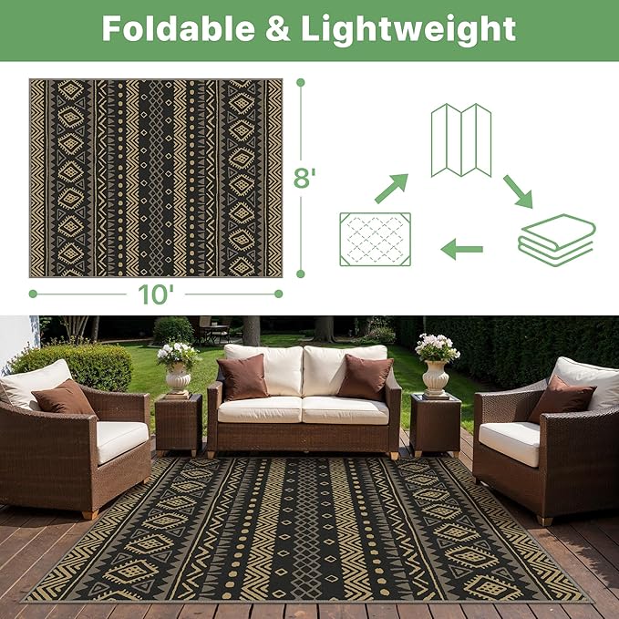 GENIMO Outdoor Rug for Patio Clearance, 8'x10' Reversible Plastic Straw Rugs, Lightweight Waterproof RV Camping Mat for Camper, Balcony, Deck, Backyard, Picnic, Mix-BlackBrown