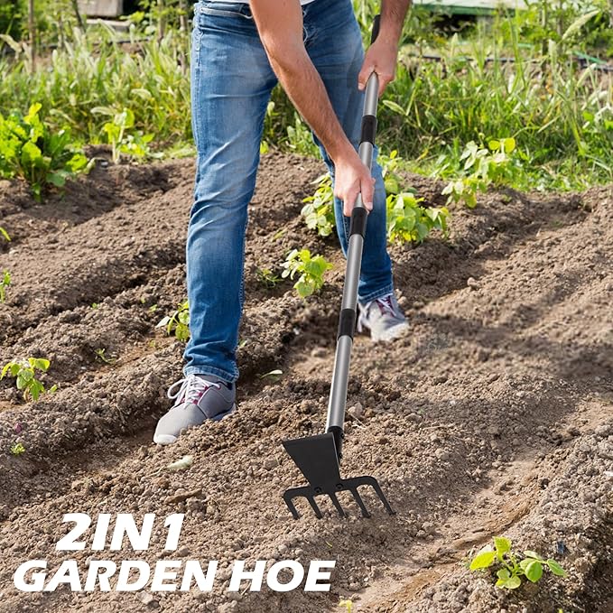Walensee Hoe Garden Tool, 63 Inch Garden Hoe with Adjustable Long Handle for Weeding, 5-Tines Hoe Cultivator 2 in 1 Hand Weeder Tools for Yard Lawn Planting Gardening Digging