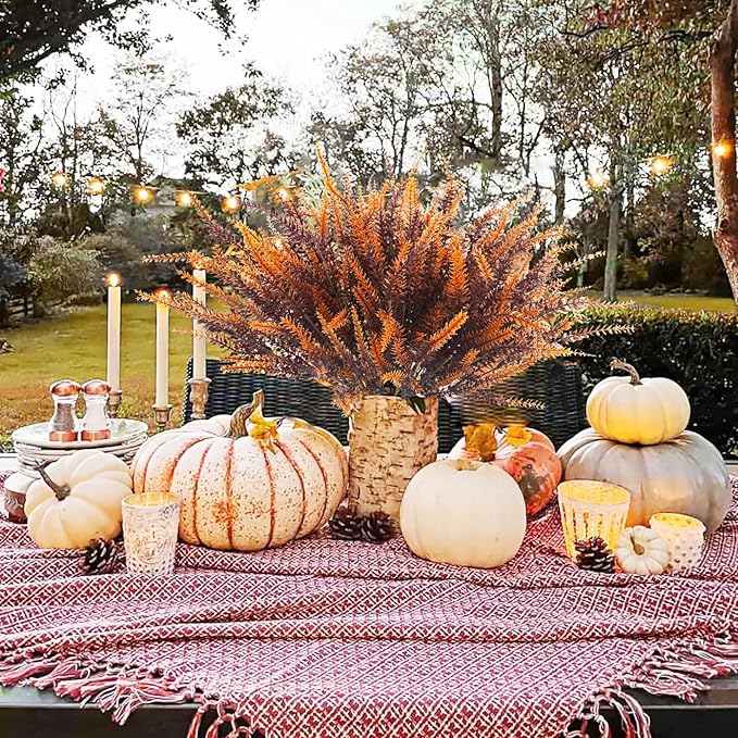 12 Bundles Artificial Fall Flowers Outdoors Fake Fall Lavender Flowers UV Resistant Plastic Faux Fall Plants for Indoor Home Porch Autumn Thanksgiving Fall Decorations (Brown)