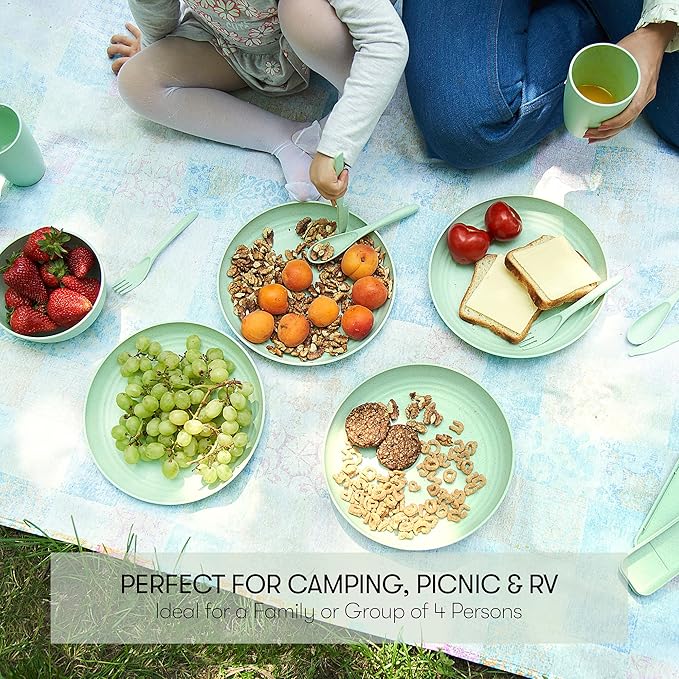 Wheat Straw Dinnerware Sets | Unbreakable Dinnerware Sets | Dishwasher Microwave Safe Dinnerware | Eco Friendly Non Breakable Dinnerware Sets | RV Outdoor Camping (Green, Service for 4 (28 pcs))