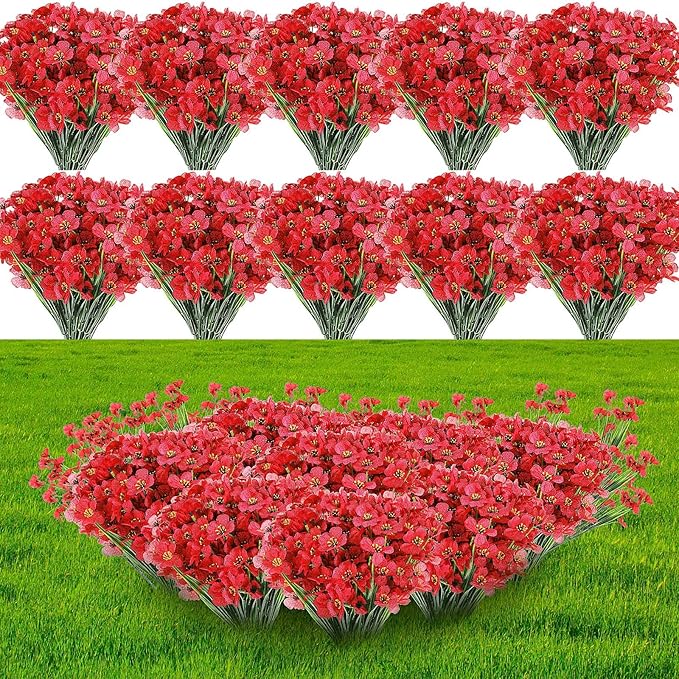 Lyrow 100 Bundles Violet Artificial Flowers, UV Resistant Faux Flowers Outdoor, Faux Silk Flowers, Fake Violet Flowers Bulk for Front Porch Hanging Garden Courtyard Farmhouse Home(Red)