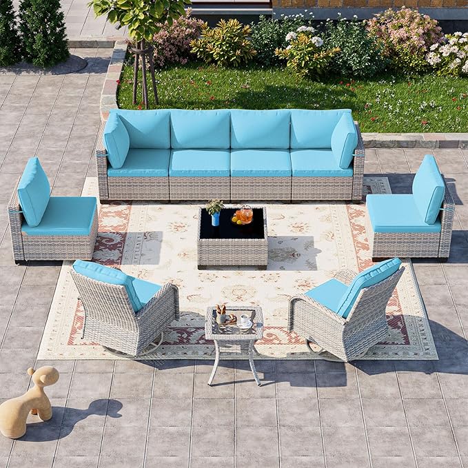 10-Piece Patio Furniture Set, Outdoor Patio Furniture with Swivel Chairs Set, Thick Cushions, Modular Patio Sofa, Dual-Strand Wicker Rattan, Rust-Resistant Frame, Lake Blue