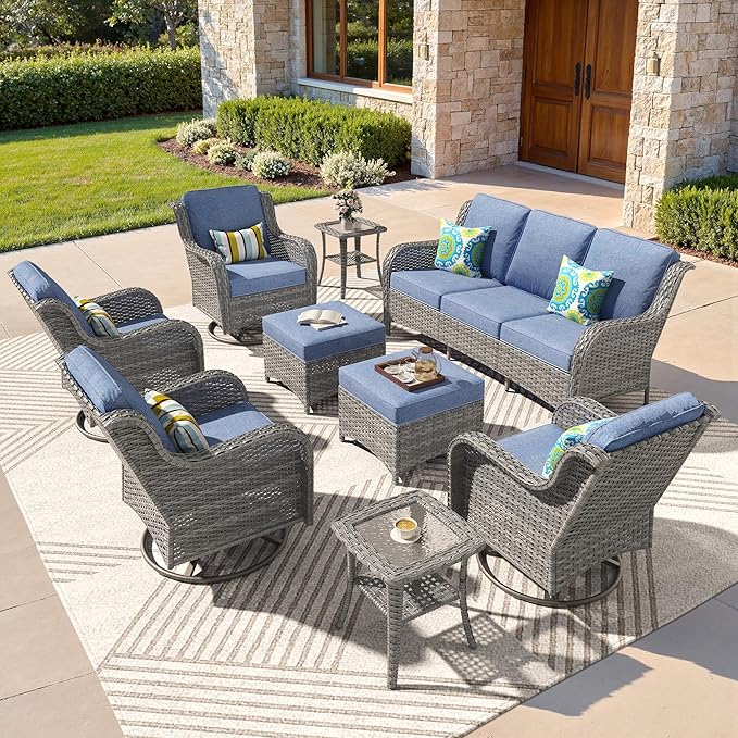 ovios 9 Pieces Patio Furniture Set, Outdoor Wicker Sofa Couch with Swivel Chairs Ottomans Comfy Cushions, All Weather High Back Modern Conversation Sets, Grey Rattan, Denim Blue