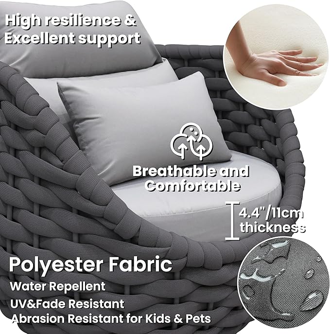 6 PCS Patio Rope Armchair: Aluminum Woven Accent Chair - Cushioned Lounge Chair with Arms - Modern Garden Chair Assembled - All Weather 400lbs Outdoor Seating Porch Furniture Deck Balcony Hotel