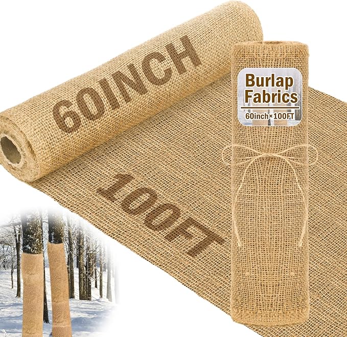 Buryeah 60 Inch x 100 ft Burlap Fabrics Roll Natural Jute Burlap Tree Wraps Protector Winter Frost Plant Blankets Cloth Weed Barrier Fabric Garden Plants for Winter Outdoor Trees Shrubs Party