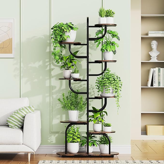 Arch Plant Stand Indoor | Large 8-Tiered Tall Plant Stand with Full Spectrum Grow Light | Corner Black Freestanding Display Shelf for Collectibles | Suitable for Living Room, Study, Entrance, Balcony