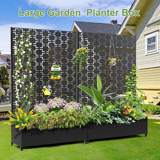 Raised Garden Bed with Trellis and Wheels,73"x47"x16" Metal Raised Garden Bed,Black Squared Metal Planter with Climbing Trellis for Vines & Vegetables