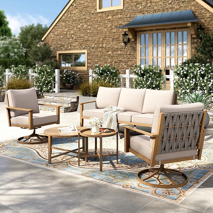 HERA'S HOUSE Patio Furniture Set 5-Piece, Metal Outdoor Conversation Set with Wood Grain Finish, 2 x Swivel Chair, 1 x 3-Seat Sofa, 2 x Multi-Functional Coffee Table for Garden Deck Backyard