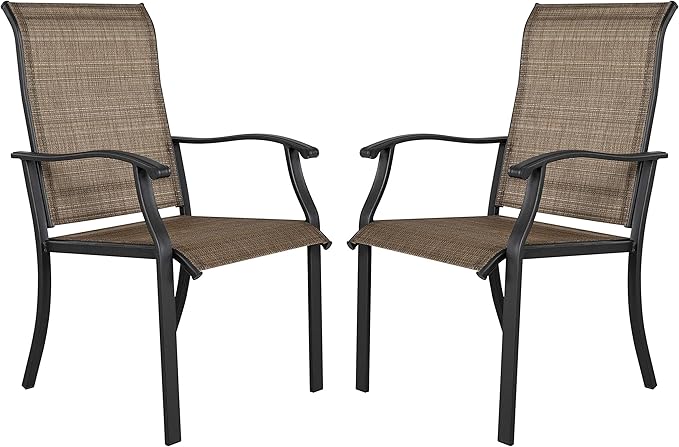 NUU GARDEN Set of 2 Patio Dining Chairs, High Back Textilene Chairs with Armrest for Indoor Outdoor Use, Iron Frame Patio Furniture Chairs for Garden Deck Backyard Kitchen Restaurant, Black and Brown