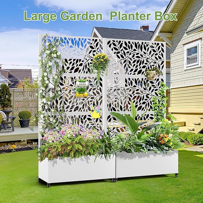 Raised Garden Bed with Trellis and Wheels,73"x35"x16" Metal Raised Garden Bed,White Flowing Leaf-2 Metal Planter with Climbing Trellis for Vines & Vegetables