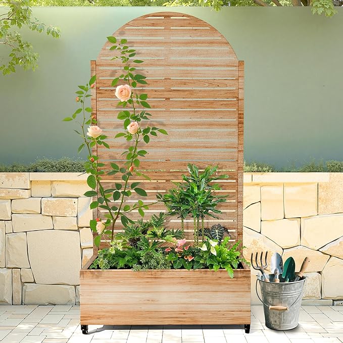 Raised Garden Bed with Arched Trellis and Wheels,73"x35"x16" Metal Raised Garden Bed,Acacia Finish Metal Planter with Climbing Trellis for Vines & Vegetables