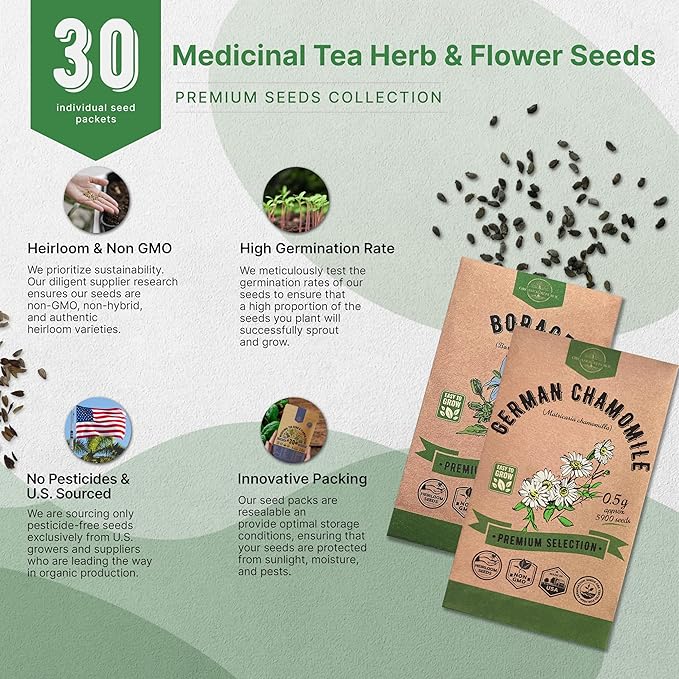 Organo Republic 30 Medicinal Tea Herb & Flower Seeds Variety Pack - 13600+ Non-GMO Heirloom Flower Seeds for Outdoor & Indoor Garden, Including Bergamot, Catnip, Calendula, Dandelion, Lovage, Zinnia